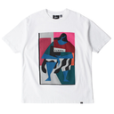 White t-shirt with colorful graphic design on a white background