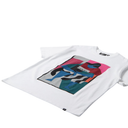 White t-shirt with colorful graphic design on a white background