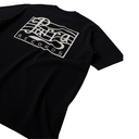 A black short-sleeve t-shirt featuring a large white graphic print on the back. The graphic displays the stylized 'Patra Records' logo with a music staff design, set against a plain white background.