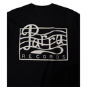 A black short-sleeve t-shirt featuring a large white graphic print on the front. The graphic displays the 'Parra Records' logo in a stylized font inside a rectangular border with wavy lines.