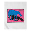 A white crewneck t-shirt featuring a graphic print of a blue horse grazing over a black horse on a bright pink background, with the brand name 'PARRA' printed in black in the top right corner of the graphic.