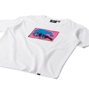 A white short-sleeve t-shirt with a graphic print on the chest showing a blue dinosaur and a black silhouette on a pink background, with the brand name 'TARRA' printed on the graphic.