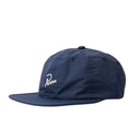 Navy blue cap with a white logo on a white background