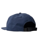 Navy blue cap with a black strap on a white background