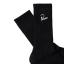 Black socks with a white logo on a white background