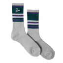 A pair of crew socks in heather gray with dark green and purple stripes near the cuff. One sock has a white embroidered script logo that reads 'Pappa'.
