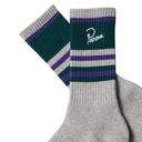 A pair of crew socks with a heather gray ribbed toe and heel, featuring a dark green and purple striped cuff. One sock displays the white embroidered script logo 'Parva'.