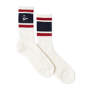 White socks with red and blue stripes on a white background