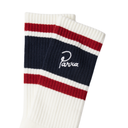 White, red, and navy striped sock with Parra logo on a white background