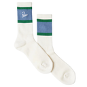 White socks with blue and green stripes on a white background