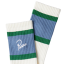 Pair of blue, green, and white striped socks with 'Parra' branding on a white background.