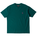 Teal t-shirt with a small logo on a white background