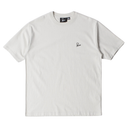White t-shirt with a small logo on a white background