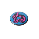 A circular pin badge featuring a stylized pink and black kangaroo on a bright blue background, isolated on a white studio background.