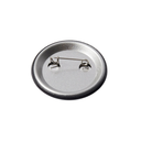 A round silver metal pin-back button showing the back side with a safety pin clasp, isolated on a white background.