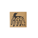 A square kraft paper card featuring a black stylized bird and abstract graphic with the letters 'RA' printed in black, photographed against a plain white background.