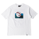 White t-shirt with a graphic design of a volleyball and logo on a white background