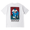 White t-shirt with a graphic design on the back featuring a person and the word 'BOOKS'.