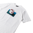 White t-shirt with a colorful graphic design on a white background
