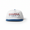 White cap with blue brim and red text on a white background