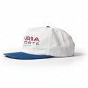 White cap with blue brim and red and blue text on a white background