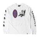 White long-sleeve shirt with brand logos on a white background