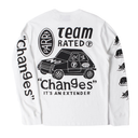 White long-sleeve shirt with black graphics and text on a white background