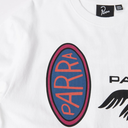 White t-shirt with 'PARRA' logo and brand name on a white background