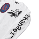White long-sleeve shirt with 'PARRA' branding and graphics on a white background