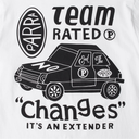 White t-shirt with black graphic design featuring a car and text, including the Parra logo.