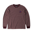 A long-sleeve crewneck shirt with horizontal burgundy and white stripes, featuring a small embroidered multicolor logo on the left chest, displayed on a solid white background.