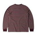 A long-sleeve striped shirt shown from the back, featuring horizontal stripes of dark burgundy and white, with solid dark burgundy ribbed cuffs and collar.