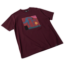 A maroon short-sleeve t-shirt with a colorful graphic print on the front depicting a stylized figure and the word 'PARTY', shown on a plain white background.