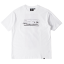 White t-shirt with black graphic design on a white background