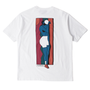 White t-shirt with a colorful graphic of a person on the back, displayed on a white background.