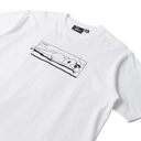 White t-shirt with black graphic design on a white background