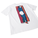 White t-shirt with a colorful graphic design on the back, featuring the brand 'Parra'.