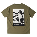 An olive green short-sleeve t-shirt shown from the back, featuring a large black and white graphic print of a stylized figure with the brand name 'PARRA' printed below it.