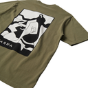 An olive green short-sleeve t-shirt featuring a large black and white graphic print on the back with the brand name 'SARRA' visible in white text on the black section.