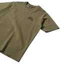An olive green short-sleeve t-shirt with black text on the left chest reading 'I'M GONNA LOVE YOU' and a small black logo tag near the bottom left hem, shown on a plain white background.