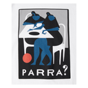 Fleece blanket with a graphic design featuring two people at a table and the brand 'Parra'.
