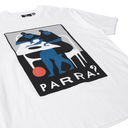 White t-shirt with a graphic design featuring a bear and the word 'PARRA' on a white background