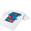 White t-shirt with colorful graphic design on a white background