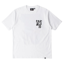 White t-shirt with black text on a white background