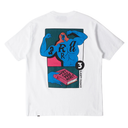 White t-shirt with colorful graphic on the back featuring a muscular figure and text.