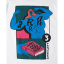 T-shirt with graphic design of a muscular figure holding a book titled 'Why Are You Here?' on a white background.
