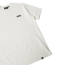 White t-shirt with a small logo on a white background