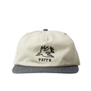 Beige cap with black logo and text on a white background