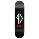 A skateboard deck shown vertically against a plain white background. The deck is black with a textured grip pattern, featuring a large white geometric logo and the brand name 'ALEXKEY' in red below it.