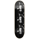 A skateboard deck featuring a black and white graphic print of a man in a leather jacket and white shirt, shown vertically against a plain white background.